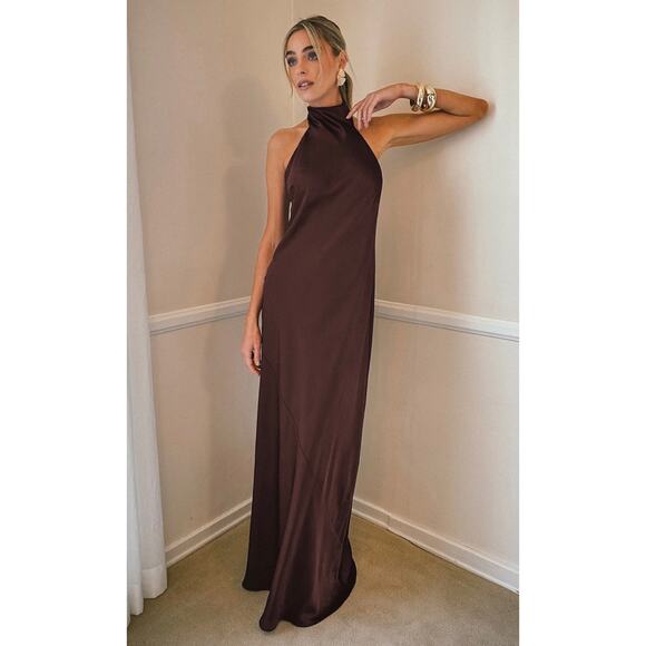 Show Me Your MuMu Lisa Maxi Dress Chocolate Satin Luxe Size Small - Picture 3 of 10